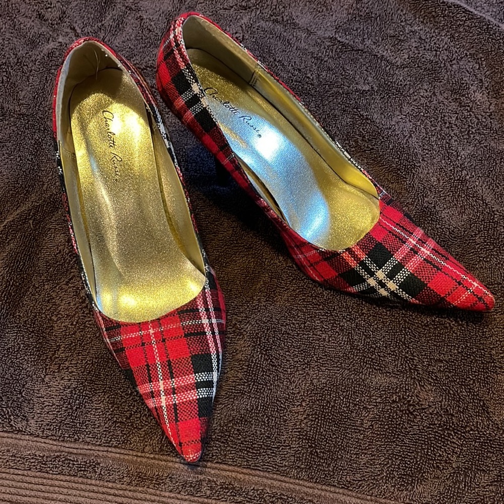 Charlotte Russe Red Plaid and Gold Pumps